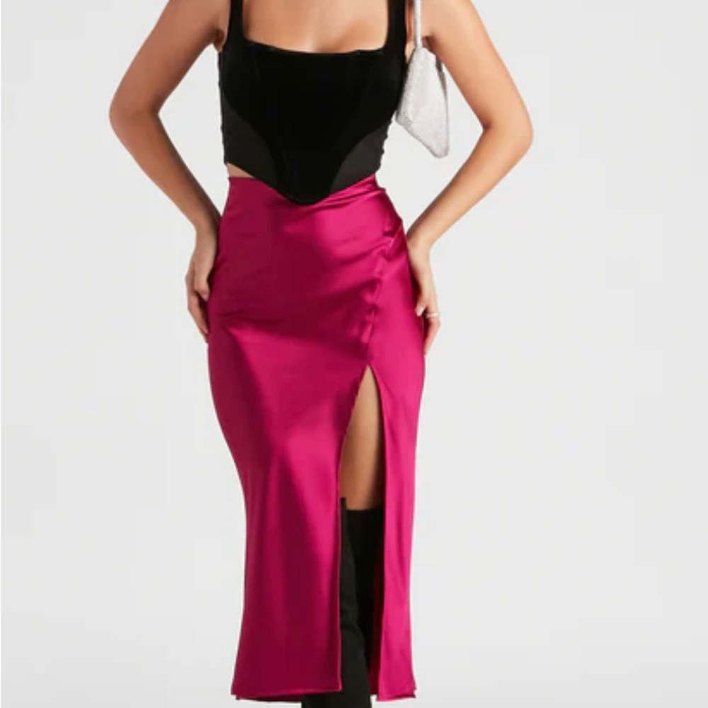 High Slit Satin Midi Skirt